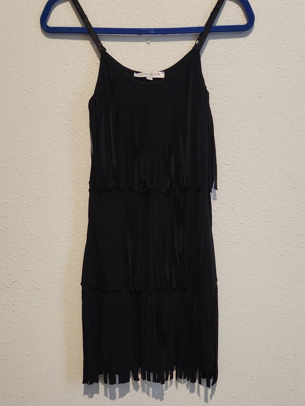 Peep Toe Black Tiered Fringe Mini Dress Spaghetti Strap Flapper S